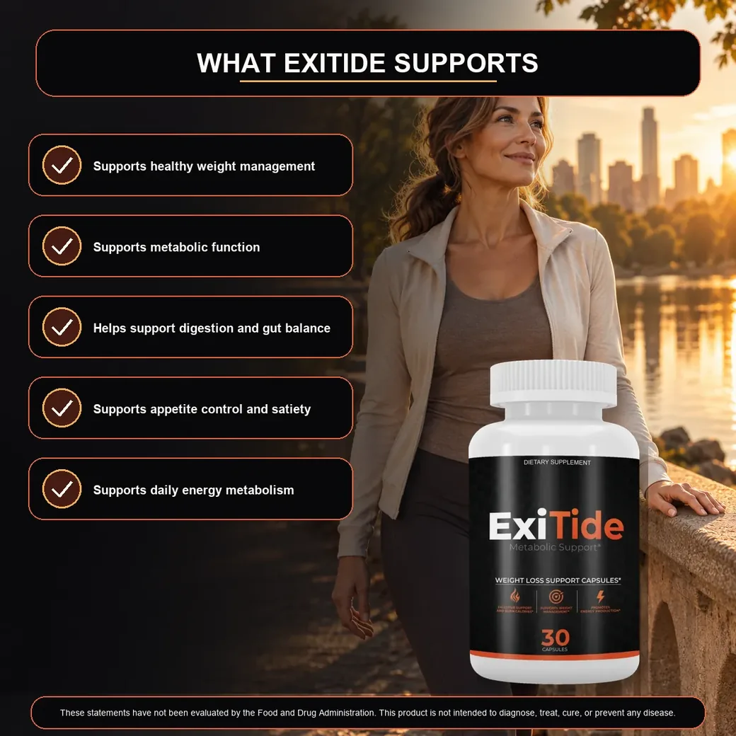 The seller&rsquo;s What ExiTide Supports panel, five ticked lines beside a lifestyle photograph