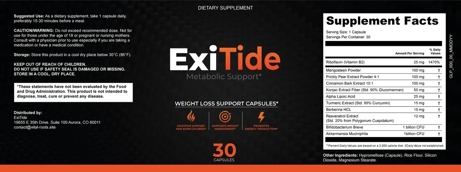 The whole printed ExiTide label flattened out, showing the Supplement Facts panel, the suggested use, the caution and the distributor line