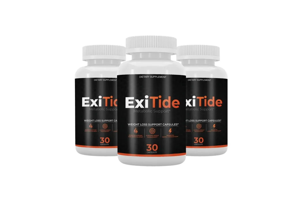 Three ExiTide bottles standing together, the centre one front-on with its label readable