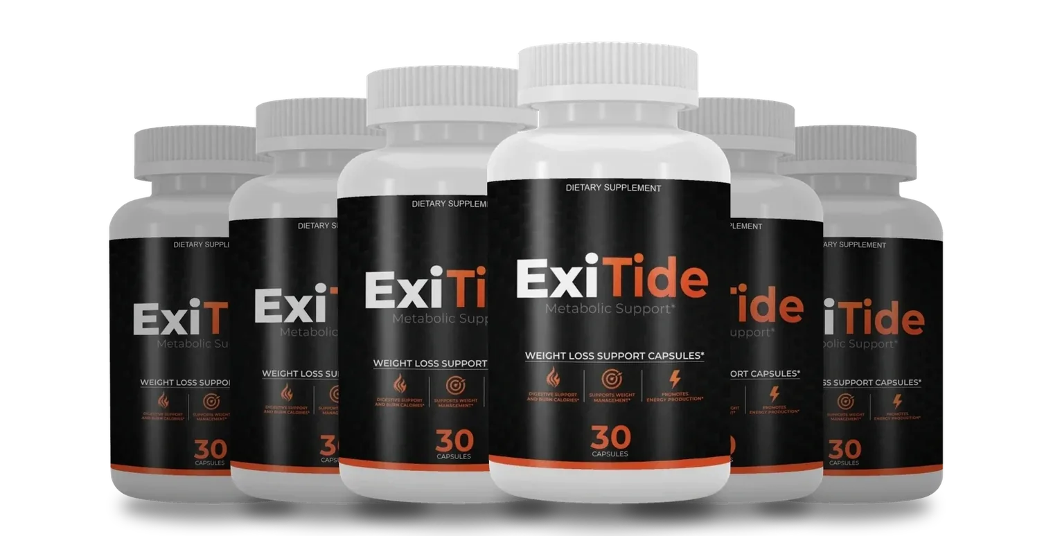 Six ExiTide bottles grouped, each labelled Metabolic Support, 30 capsules